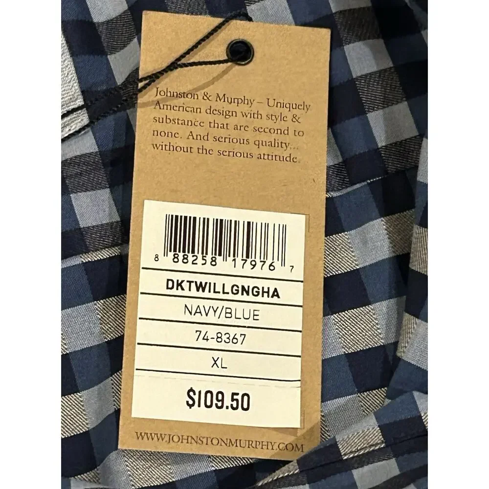 NWT Johnston Murphy Blue Gingham Long Sleeve Button Down Shirt size XL